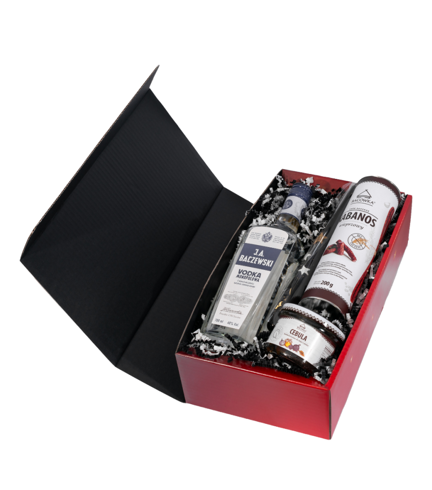 Zestaw Upominkowy – Czerwone Pudełko Świąteczne z Wódką Baczewski, Kabanosem i Świecą Ozdobną