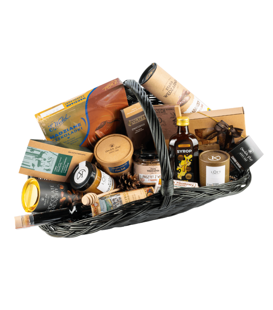 Kosz duży z polskiej wikliny – Ciemny, z bombonierką Wedel