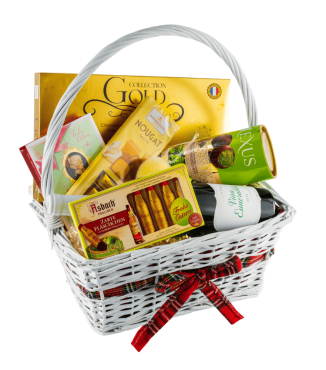 Biały kosz delikatesowy Złota Esmeralda – elegancki zestaw prezentowy