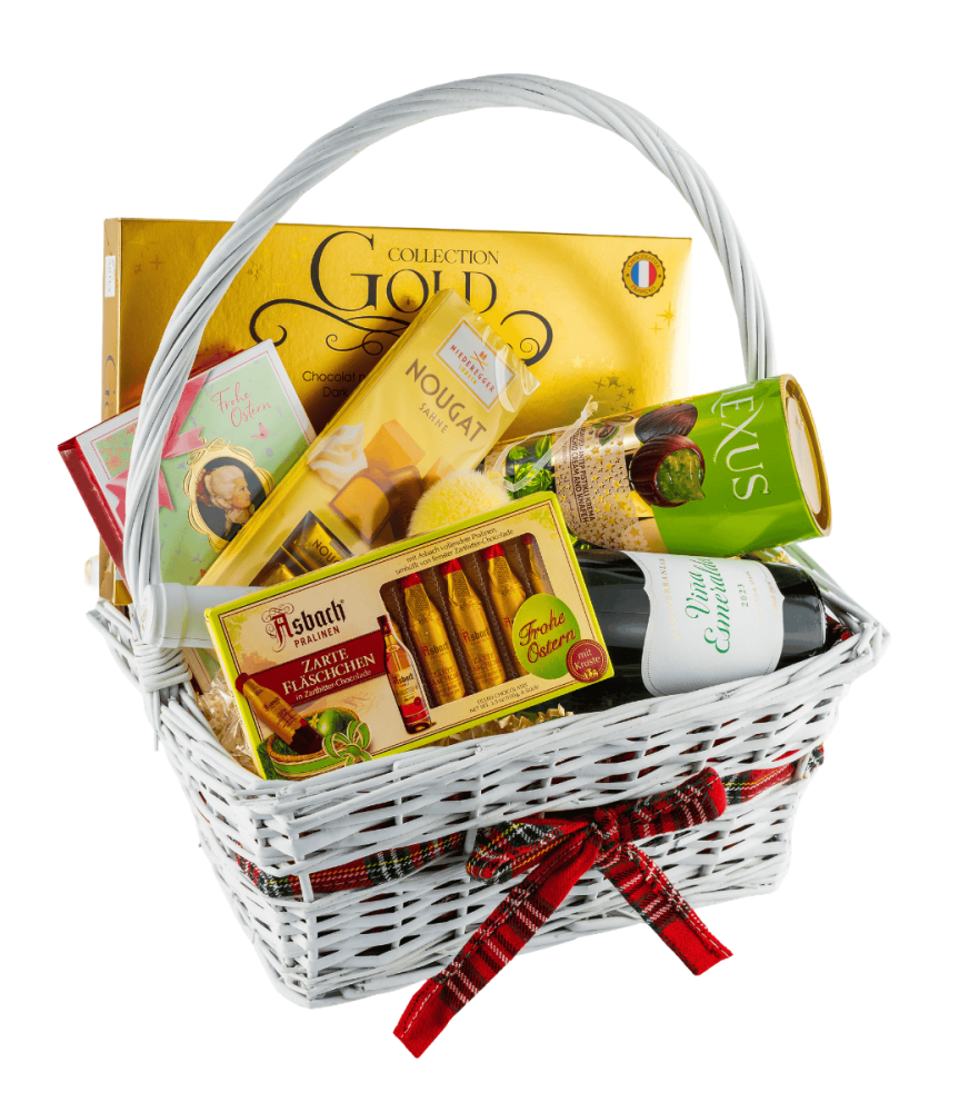 Biały kosz delikatesowy Złota Esmeralda – elegancki zestaw prezentowy