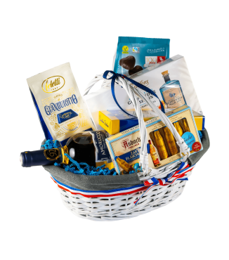 Kosz delikatesowy z białym winem – elegancki kosz wielkanocny