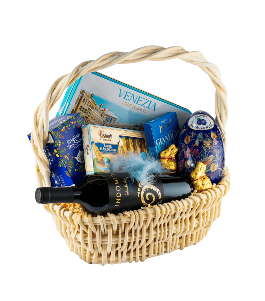 Kosz wielkanocny duży z winem Chile — elegancki zestaw prezentowy